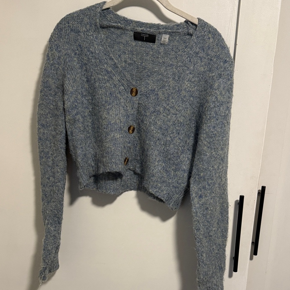 Cropped Tahari Blue and Green Cardigan with Buttons